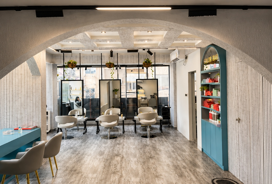 Professional stylist performing a precision haircut at VIZILTI Salon workspace